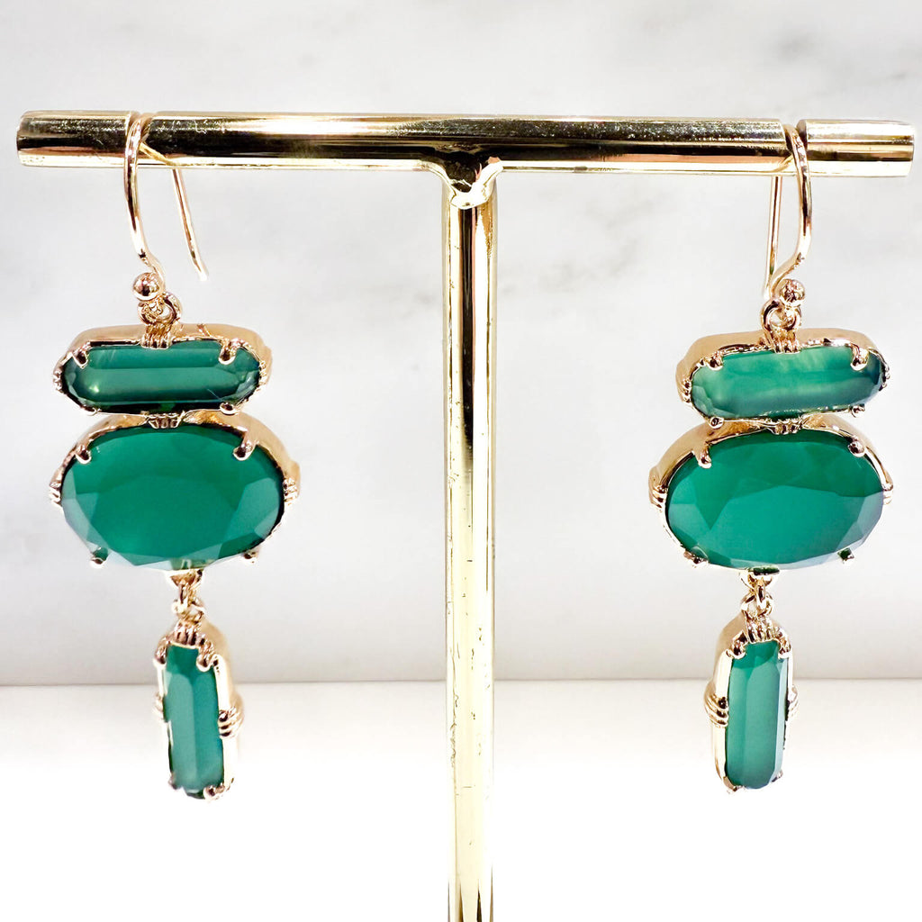 Boucles D'oreilles Pendantes En Onyx Vert Et Or Jaune 9 Carats, Vintage - Bijoux Mode