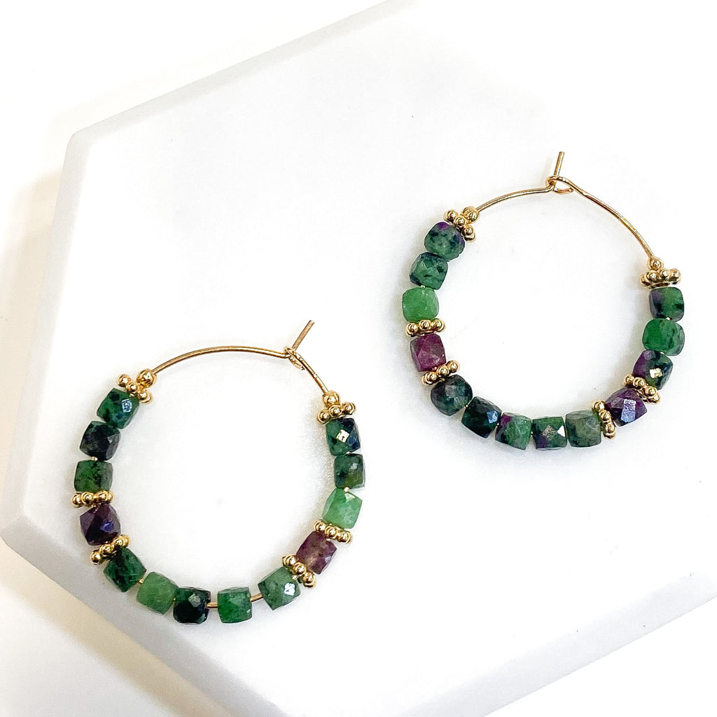Boucles D’oreilles Rubis Zoisite Naturel – Vert Et Rouge – Acier Inox – Neuf Avec étiquettes