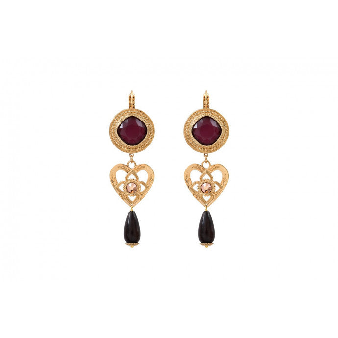 Boucles D'oreilles Dormeuses Goutte En Laiton Doré Serties De CZ - Verre Rouge Et Vert - Fantaisie