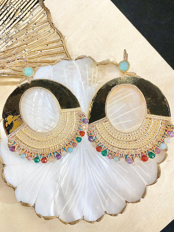 Boucles D'oreilles Dormeuses Dorées - Pierre De Lune Synthétique Bleue, CZ