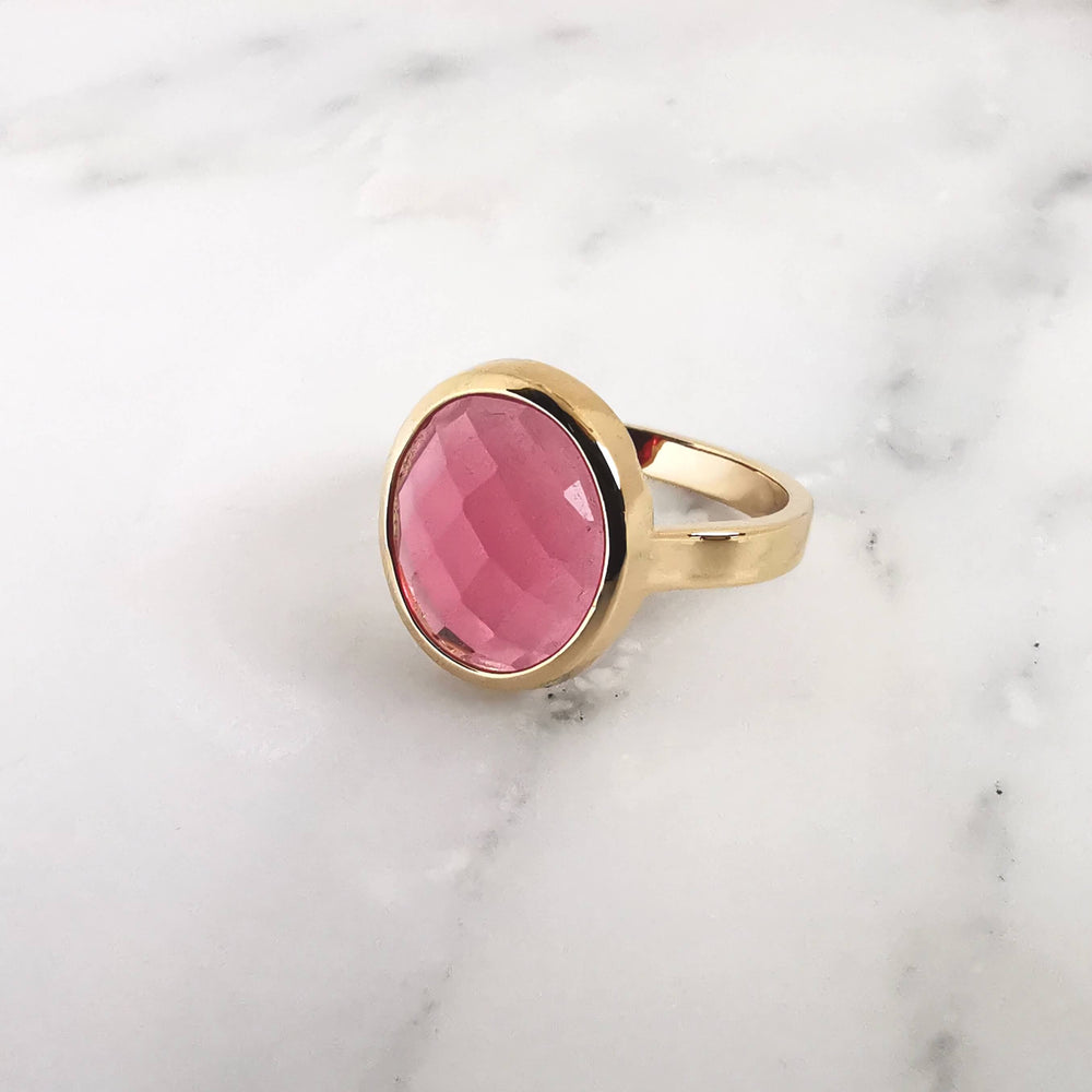 Bague cabochon pierre rose - plaqué or bijoux 