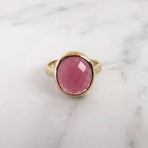 Bague cabochon pierre rose - plaqué or bijoux
