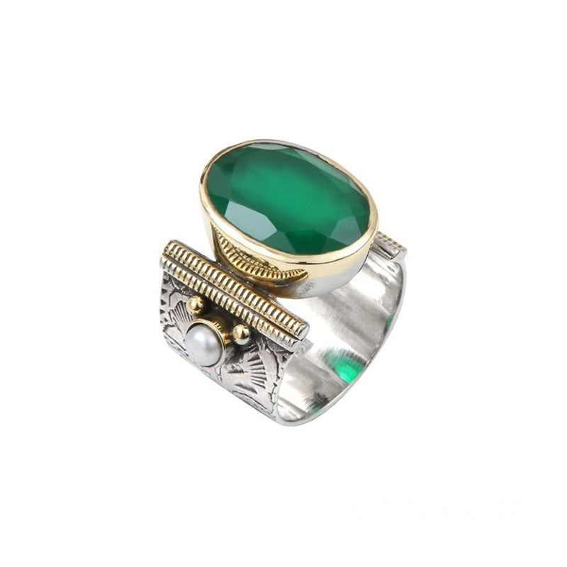Bague ethnique argent Onyx verte Théa - Main Image