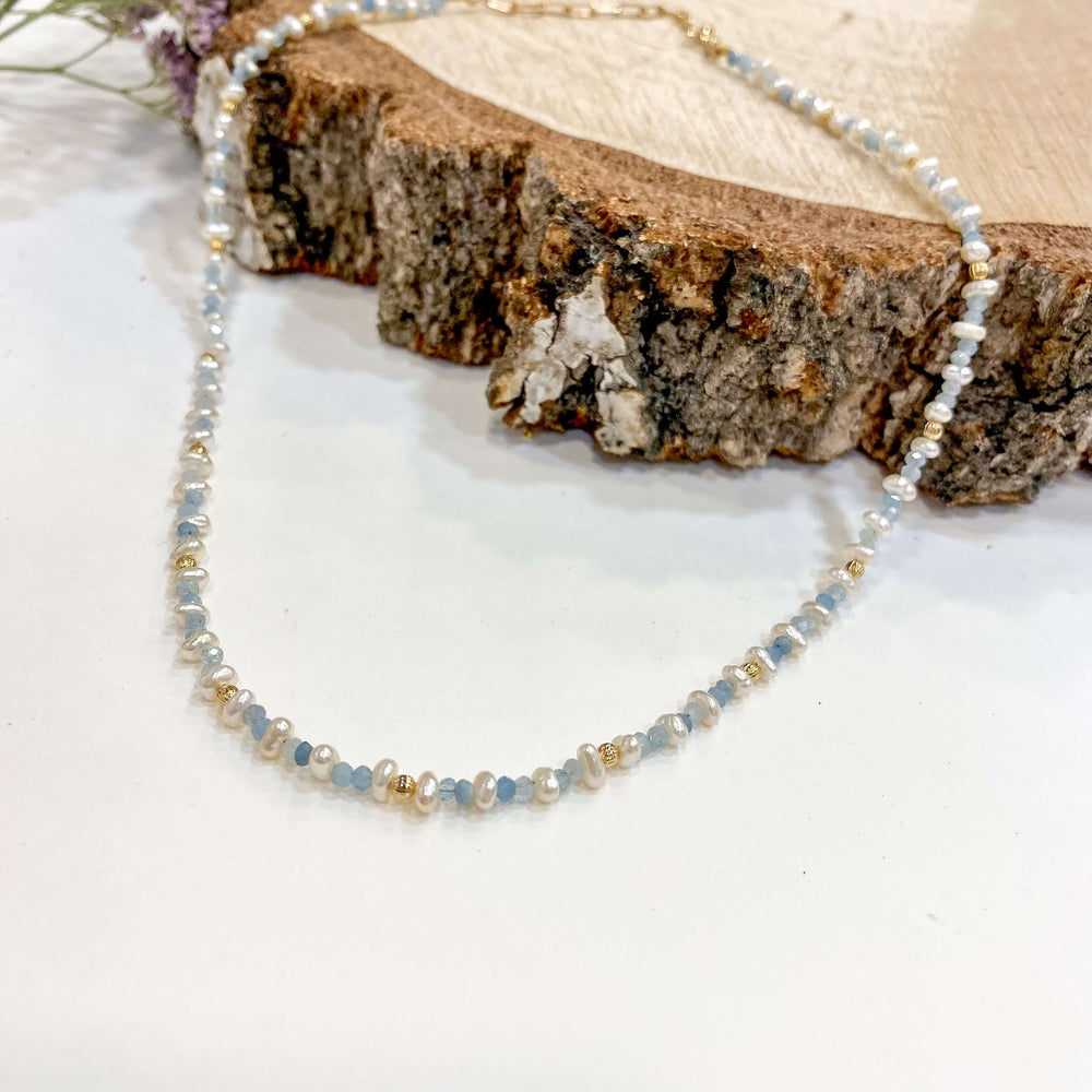 Collier court ras de cou perle de nacre et apatite - Bobart Bijoux