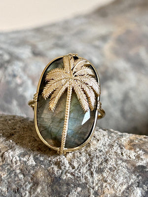 Bague AU FIL DE LO - palmier - grande pierre labradorite- plaqué or - bijoux créateur - paris 