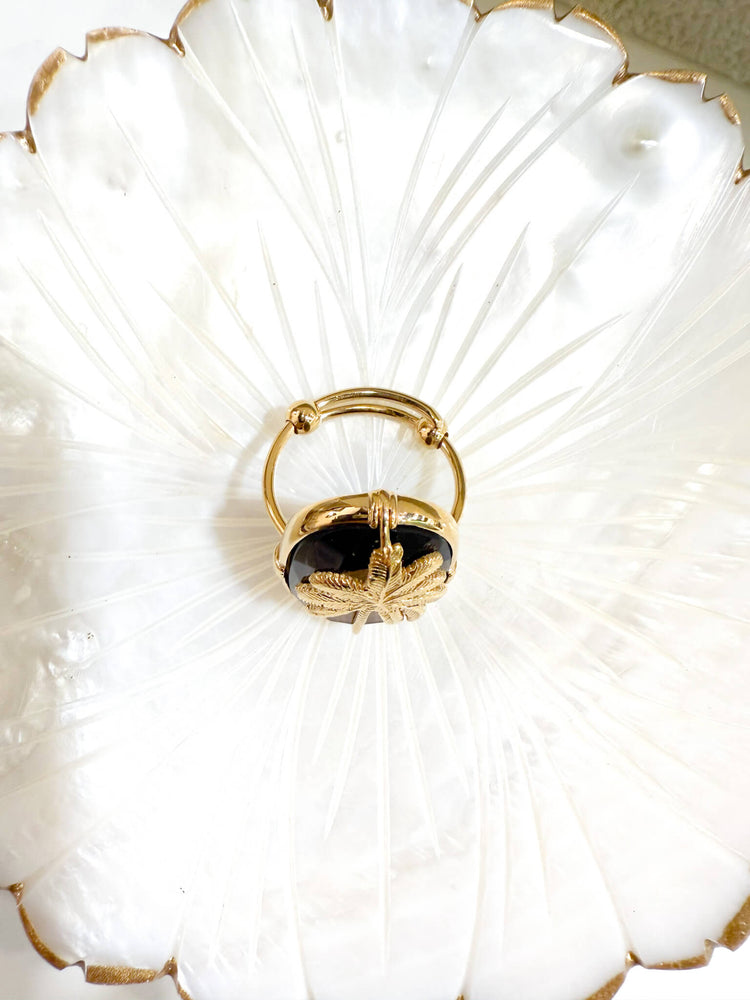 Bague réglable Au fil de Lo - palmier doré et quartz fumé 