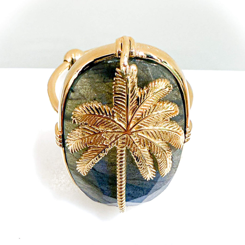 Bague AU FIL DE LO - palmier - grande pierre labradorite- plaqué or - bijoux créateur - paris 