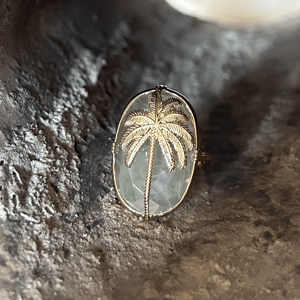 Bague réglable Palmier plaqué or - Préhnite