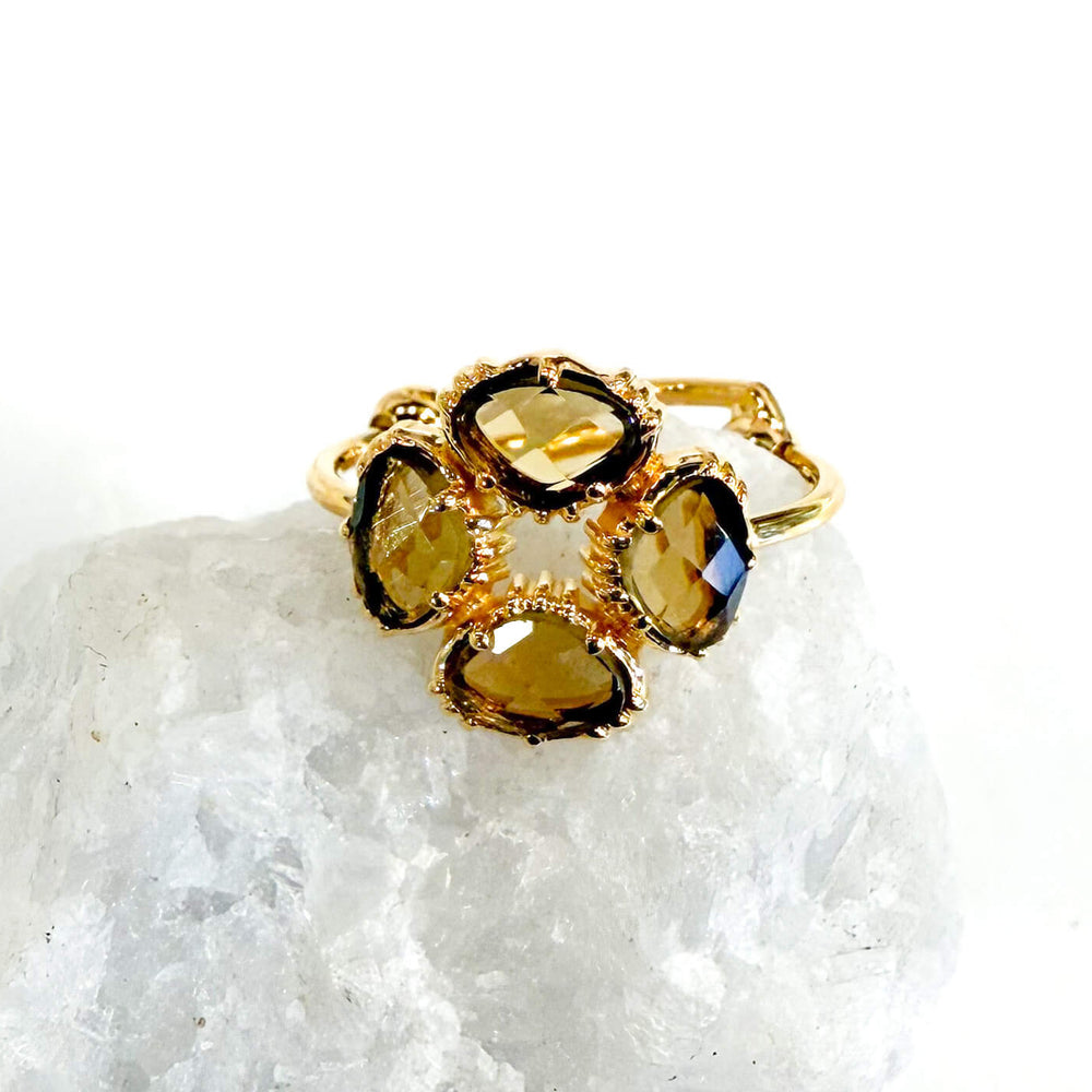 Bague réglable Trèfle - Quartz fumé