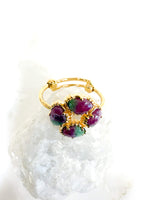 Bague reglable trefle - rubis zoisite - au fil de LO - plaqué or