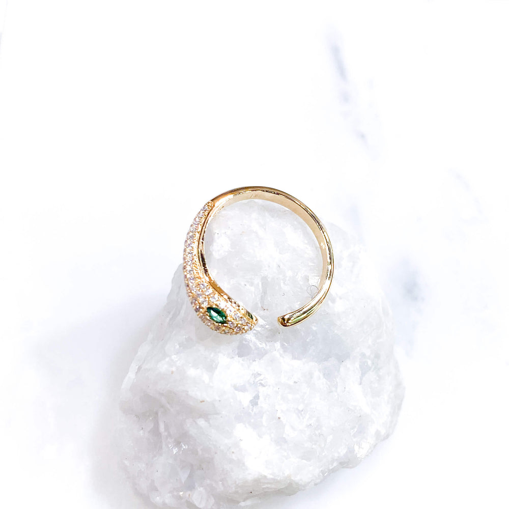 Bague serpent - zircons oeil vert - Au fil de Lo - plaqué or - bijoux fantaisie