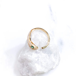 Bague serpent - zircons oeil vert - Au fil de Lo - plaqué or - bijoux fantaisie