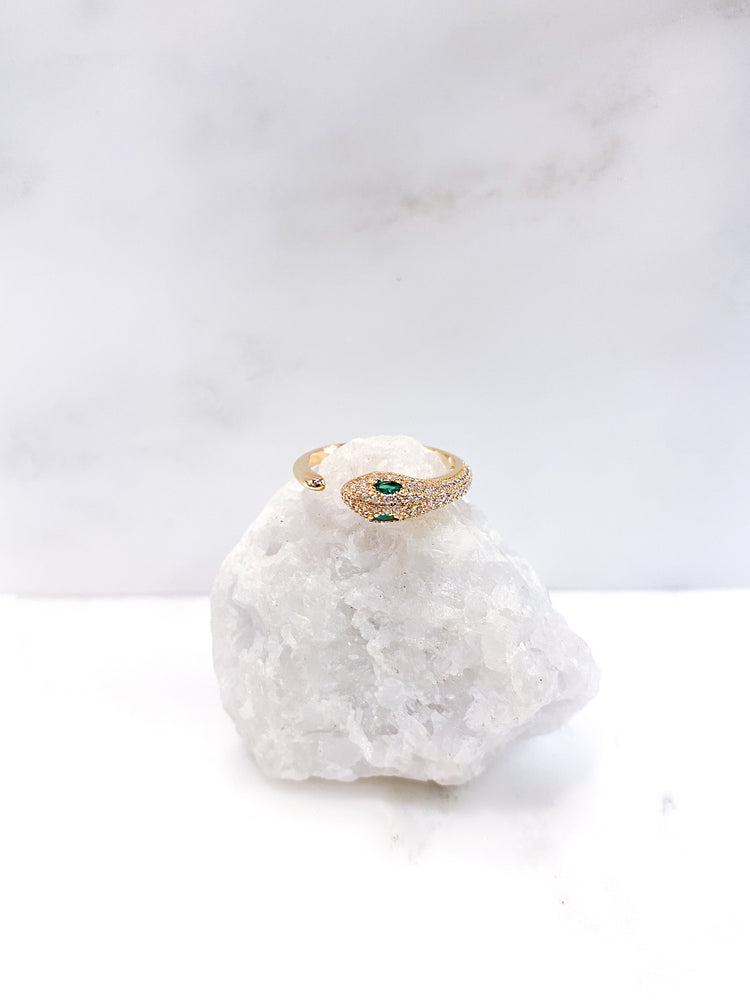 Bague serpent - zircons oeil vert - Au fil de Lo - plaqué or - bijoux fantaisie