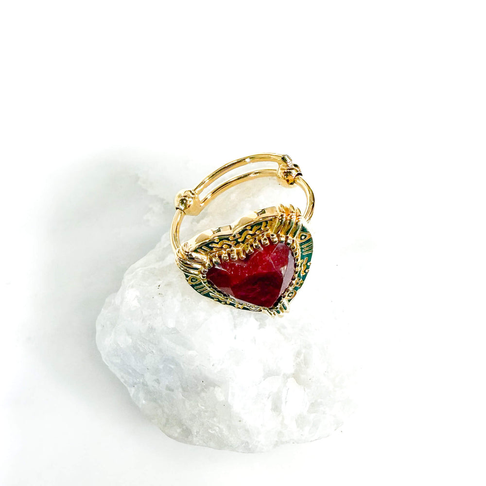 BAGUE Sillimanite rouge coeur de pierre - Au fil de Lo - bague réglable plaqué or  - bijoux créateurs
