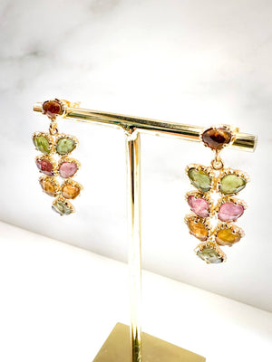 Boucle d'oreilles pendantes - Tourmalines multi couleur - Au fil de Lo - créatrice de bijoux français - Plaqué or 18K
