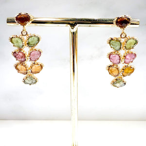 Boucle d'oreilles pendantes - Tourmalines multi couleur - Au fil de Lo- créateur français - Plaqué or 18K