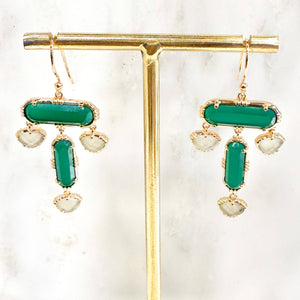 Boucles D'oreilles Pendantes En Onyx Vert Et Or Jaune 9k - Poids 2,4g, Style Vintage - Occasion