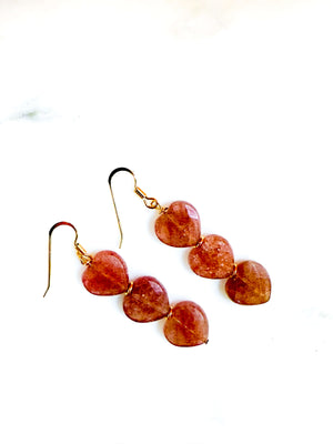 Boucles oreilles triple coeurs - quartz fraise - bobart paris - bijoux précieux