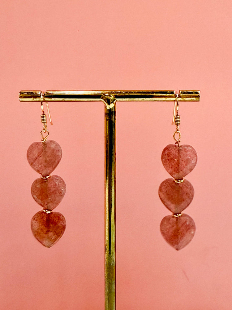 Boucles oreilles triple coeurs - quartz fraise - Bobart Bijoux Paris