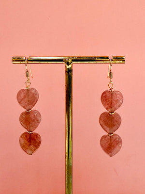 Boucles oreilles triple coeurs - quartz fraise - Bobart Bijoux Paris