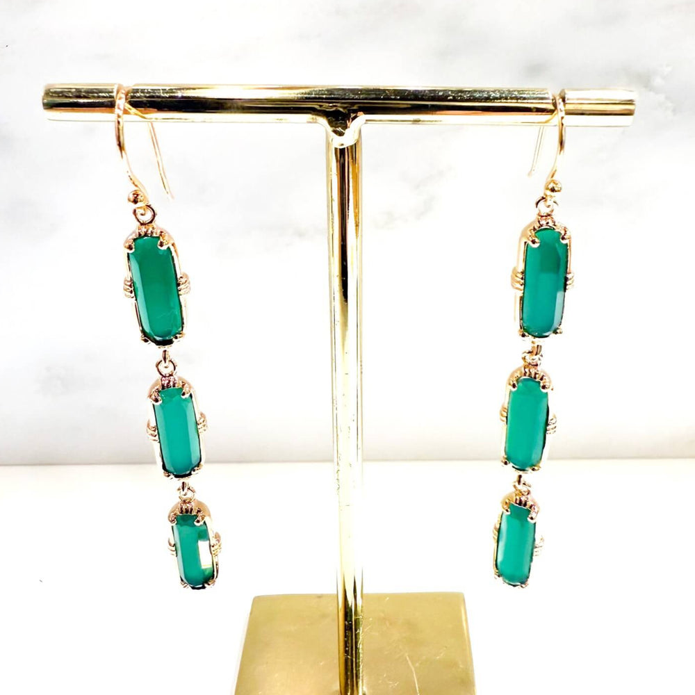 Boucles pendantes AU fl de Lo - 3 pierres Onyx vert pierre naturelle - bijoux createur
