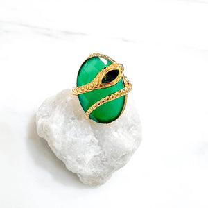 Bague réglable grande pierre ovale plaqué or et prehnite bijou