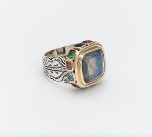 Bague CANYON argent et Labradorite carrée serie de laitons et pierres multicolores - Antique