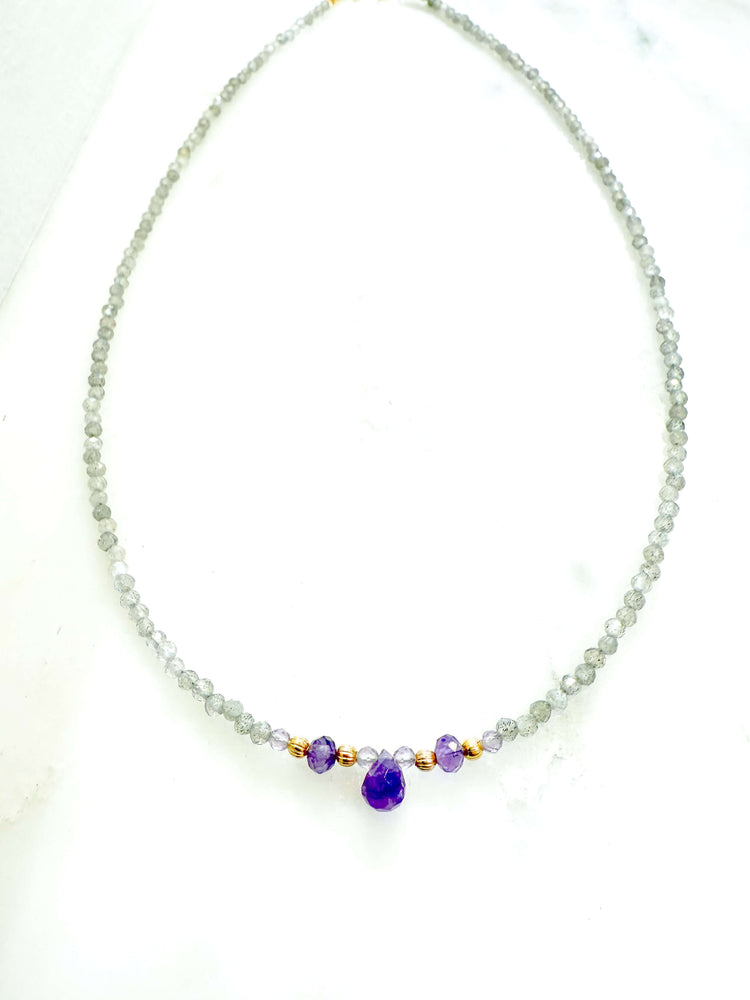 Collier pierres fines naturelles : labradorite et amethyste - collier creation made in france