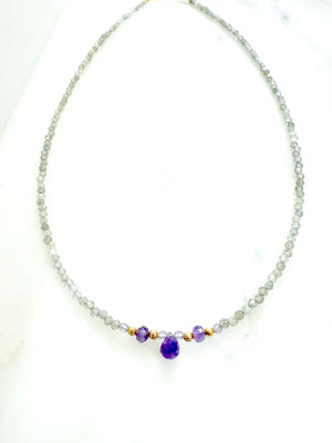 Collier court pierres fines naturelles : labradorite et amethyste - bijoux creation paris