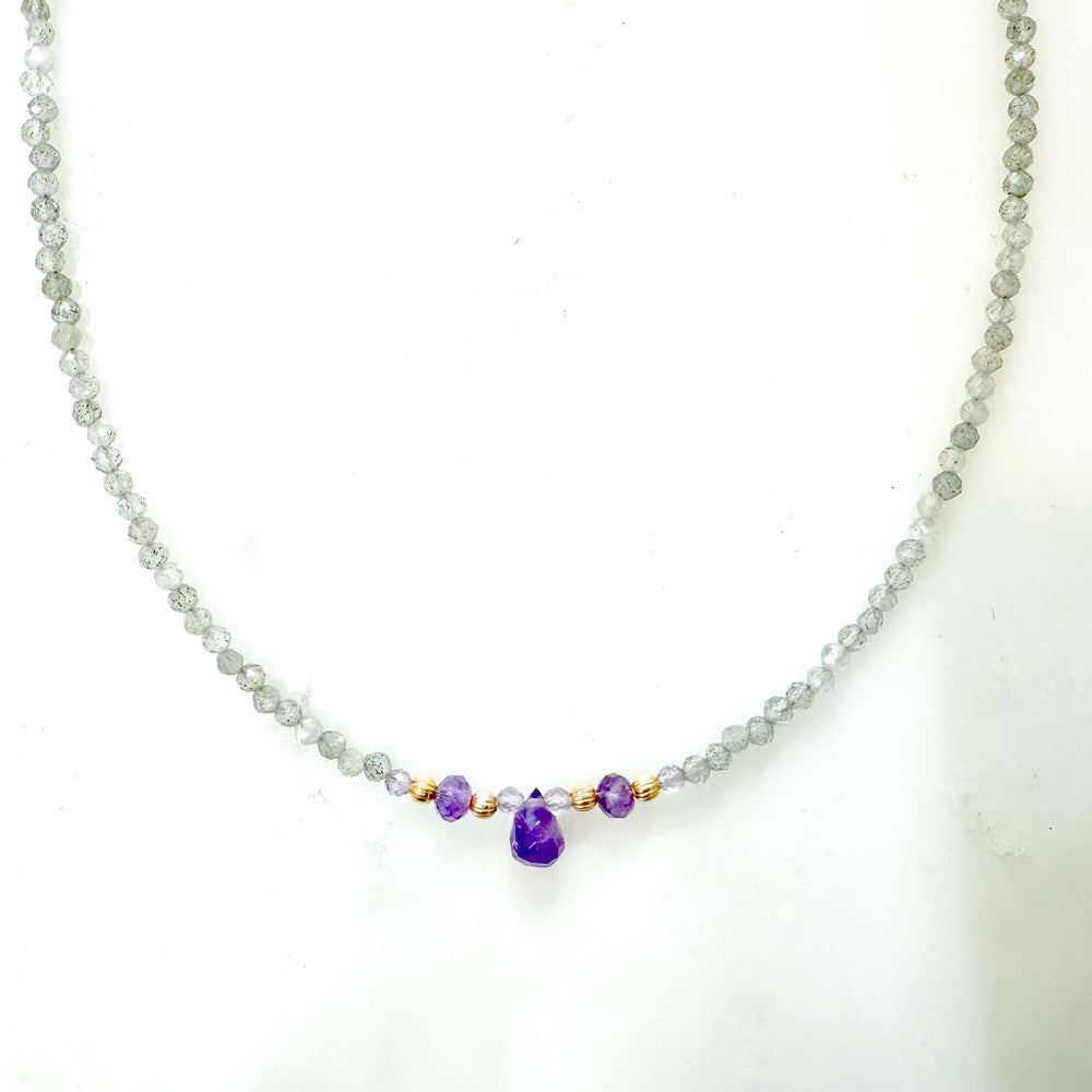 Collier pierres fines naturelles : labradorite et amethyste - collier creation made in france