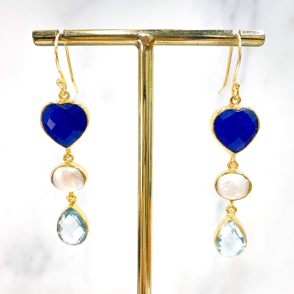 Boucles d'oreilles pendantes pierres naturelles semi précieuses , lapis lazuli, topaze et nacre - Bobart bijoux créateurs 