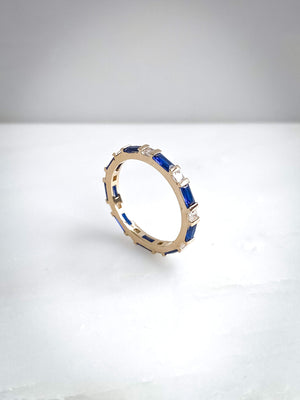 Bague anneau pierre rectangle - zircon bleu et blanc - bijoux pas cher