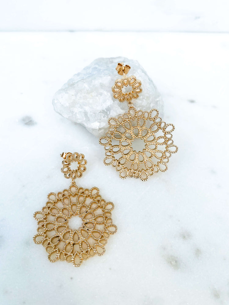 Boucles d'oreilles fleur rosace en plaqué or, boucles oreilles pendantes chic et élégant