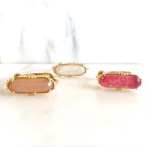 Au fil de lo Bijoux - Bague barrette rectangle pierre - pierre de lune - quartz fraise - pierre de lune pêche 