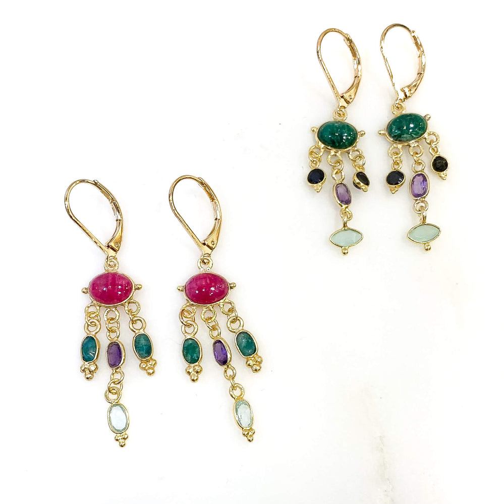 Boucles d'oreilles pendantes avec pierres fines Silimanite rouge, Améthyste, silimanite verte et topaze - BOBART BIJOUX