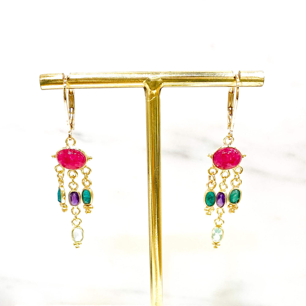 Boucles d'oreilles pendantes avec pierres fines Silimanite rouge, Améthyste, silimanite verte et topaze 