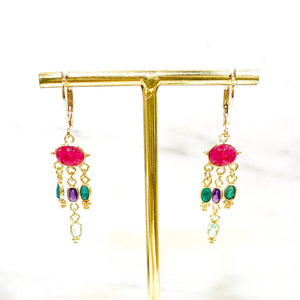 Boucles d'oreilles pendantes avec pierres fines Silimanite rouge, Améthyste, silimanite verte et topaze 