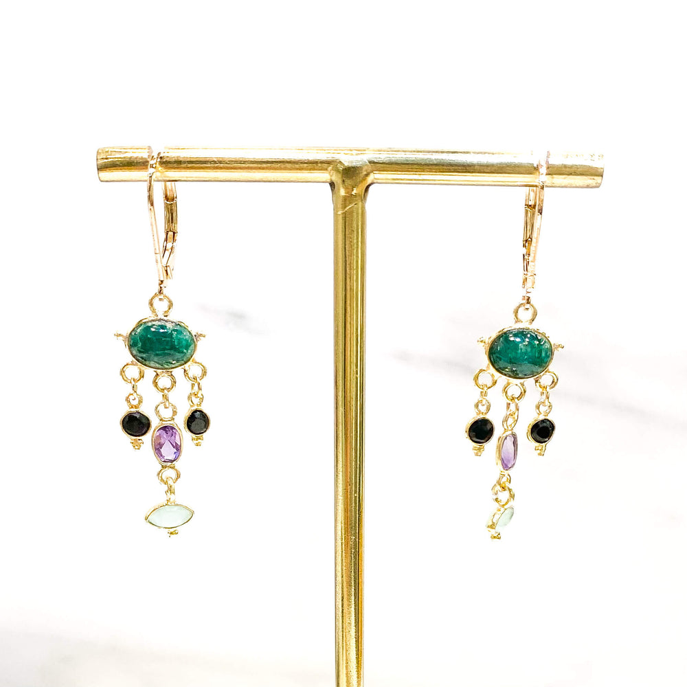 Boucles d'oreilles pendantes avec pierres fines , Améthyste, silimanite verte, calcédoine verte et onyx noire - Bobart Bijoux
