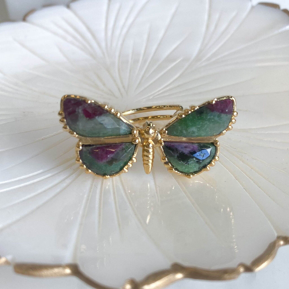 bague bijou createur plaque or papillon, rubis zoisite 