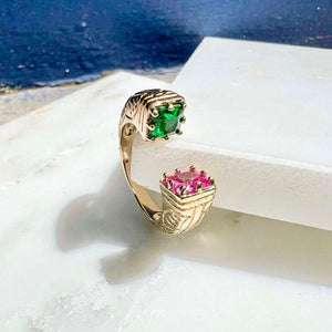 Bague anneau large ouverte pierre verte et rose en plaqué or 