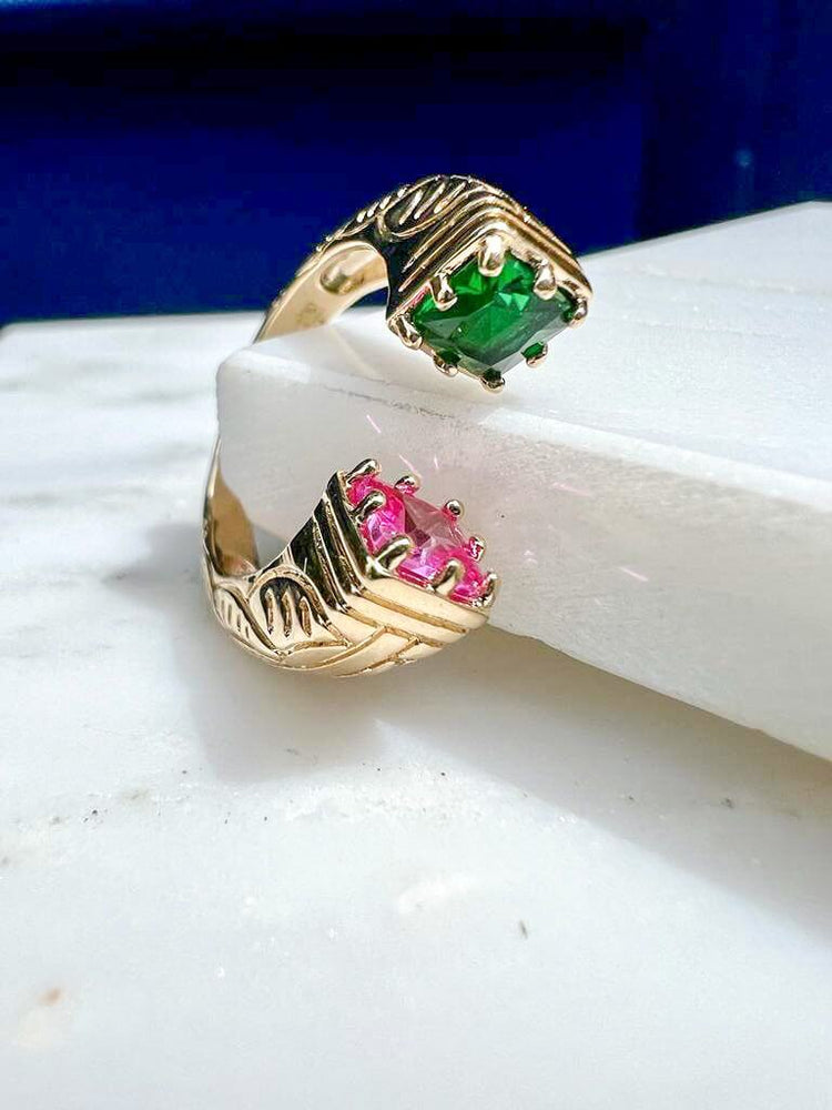 Bague jonc anneau large ouverte pierre verte et rose en plaqué or bobart bijoux  