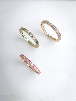 trio de bagues colorees plaqué or bleu rose fushia bague fine pierre rectangle