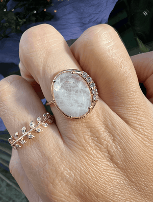 bague feuilles de laurier bague femme plaque or bague idee cadeau bague pierre blanche plaque or reglable