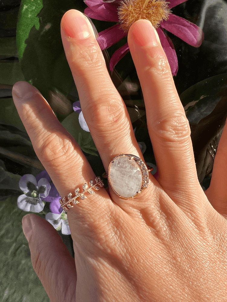 bague feuilles de laurier bague femme plaque or bague idee cadeau bague pierre blanche plaque or reglable