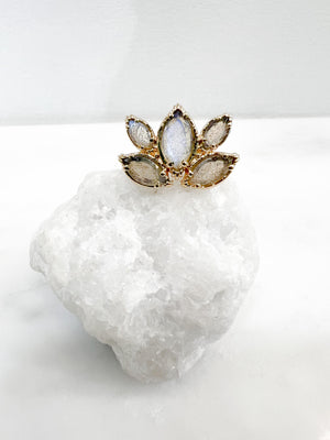 bague plaque or reglable ajustable fleur de lotus pierre de labradorite bijou createur plaque or idee cadeau femme cadeau originale bijou boheme 
