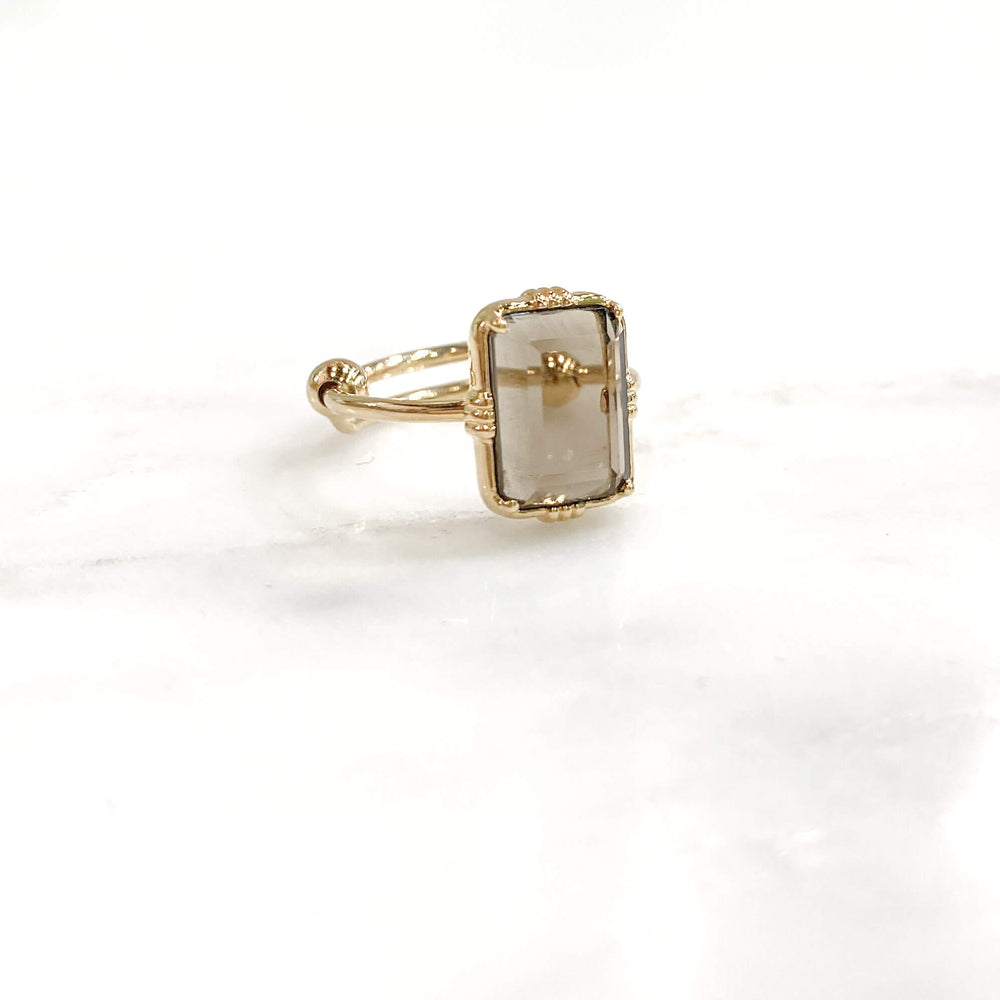 Bague pierre rectangle quartz fumé - plaqué or ajustable