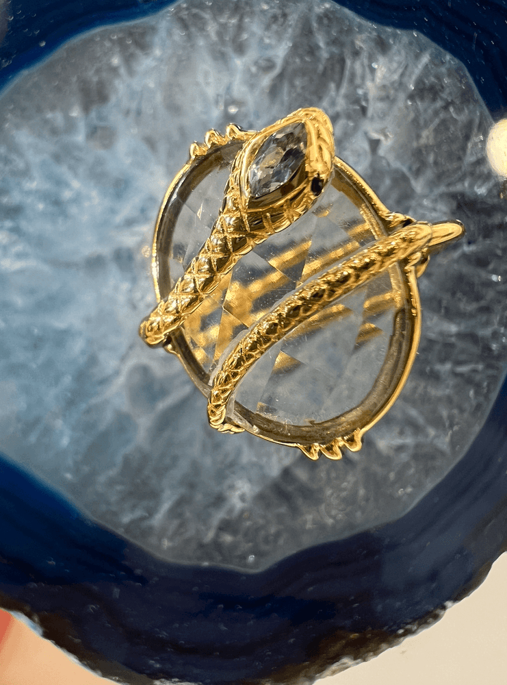 Bague réglable Serpent plaqué or - cristal de roche