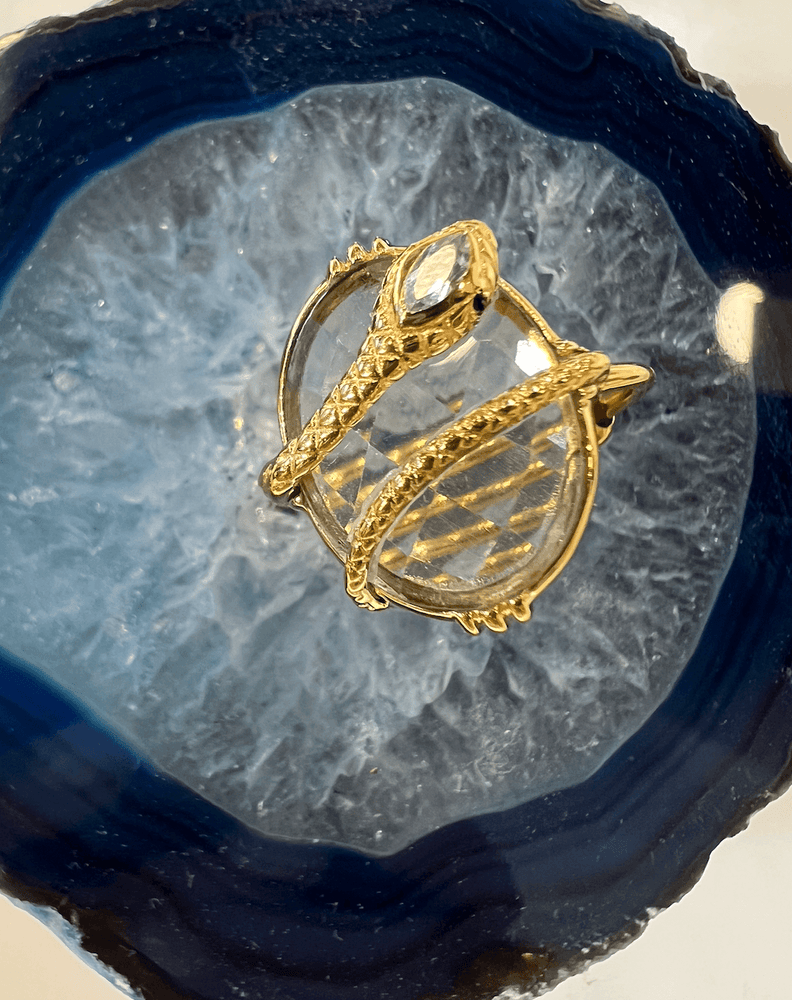 Bague réglable Serpent plaqué or - cristal de roche