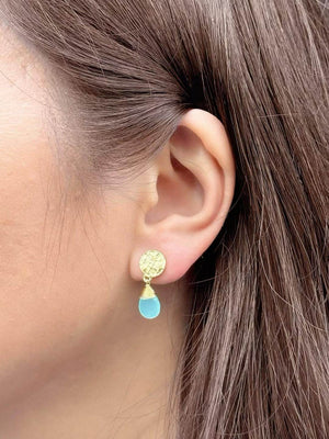 boucles pastille martelée pierre naturelle calcédoine bleue clair boucles kate middleton boucles oreilles petits prix
