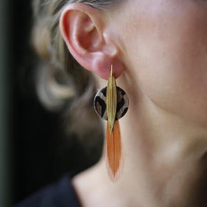 Boucles d'oreilles KASAI cuir Panthere et plumes - artisanale, création bijoux créatrice française Lady Amherst Made in France